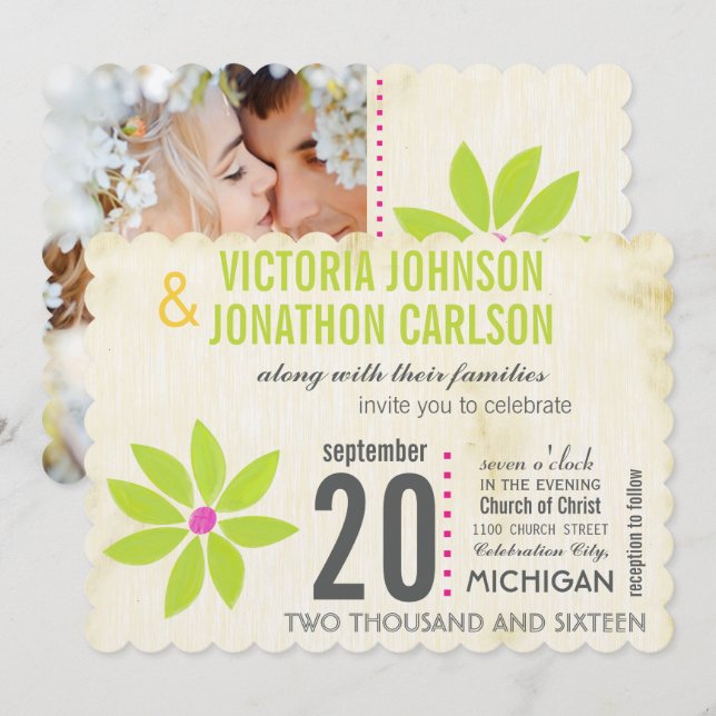 Photo Lime Stylised Daisy Wedding Invitations (Front/Back)
