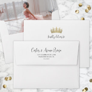 Photo Lined Quinceañera Gold Crown Pre-Addressed Envelope