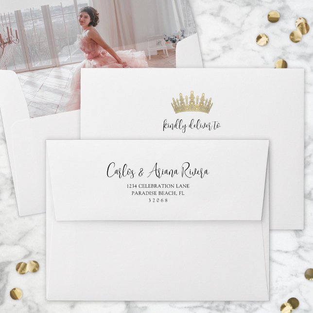 Photo Lined Quinceañera Gold Crown Pre-Addressed Envelope (Creator Uploaded)