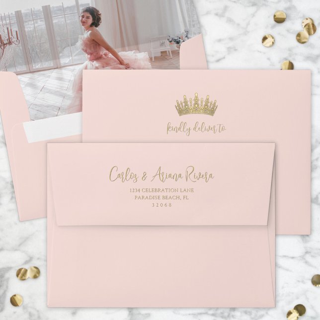 Photo Lined Quinceañera Pre-Addressed Blush & Gold Envelope (Creator Uploaded)