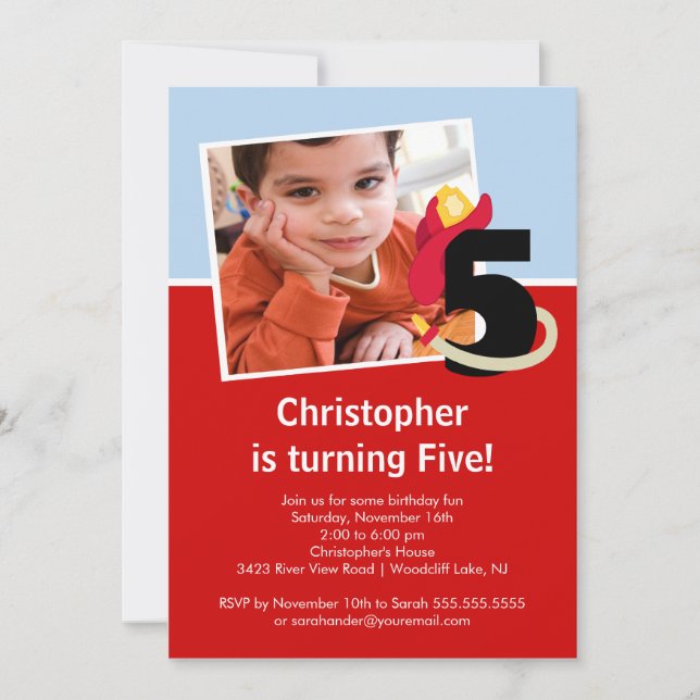 Photo Little Firefighter Boy Fifth Birthday Party Invitation (Front)