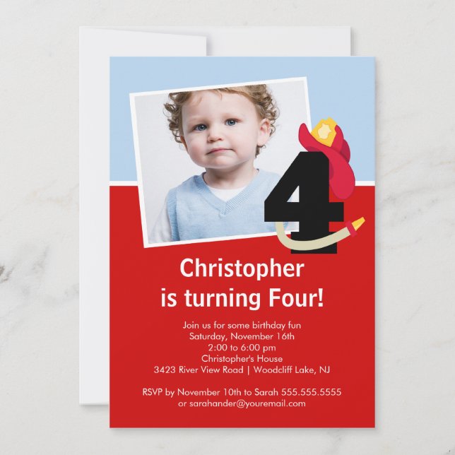 Photo Little Firefighter Boy Fourth Birthday Party Invitation (Front)