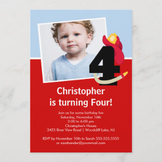 Photo Little Firefighter Boy Fourth Birthday Party Invitation