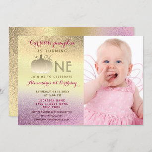 Photo Little Pumpkin 1st Birthday , Pink and Gold Invitation