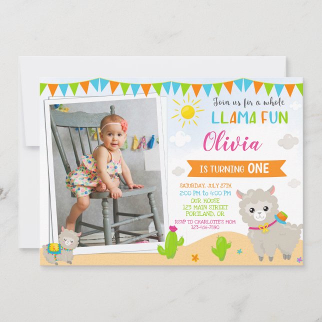 Photo Llama birthday invitation Alpaca invitation (Front)