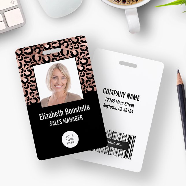Photo Logo Barcode Rose Gold Black Leopard Print ID Badge (Creator Uploaded)