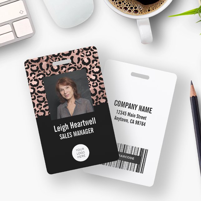 Photo Logo Barcode Rose Gold Black Leopard Print ID Badge (Creator Uploaded)