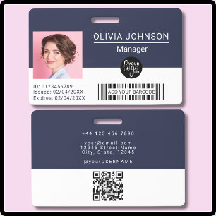 Photo Logo Employee QR Barcode Navy Blue ID Badge