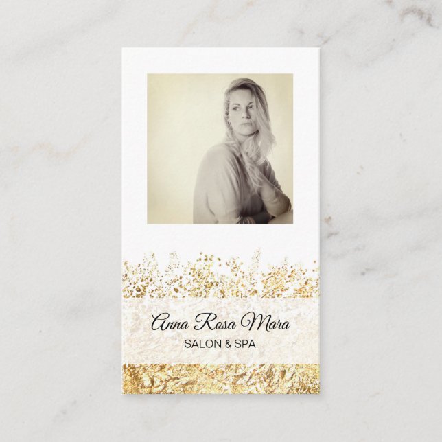 *~* Photo Logo Gold Glitter White Girly Chic Business Card (Front)