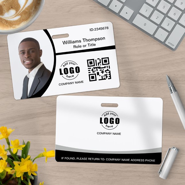 Photo Logo QR Code Employee Black and White ID Badge (Creator Uploaded)