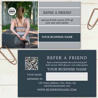 Photo Logo QR Code Grey Striped Referral Card