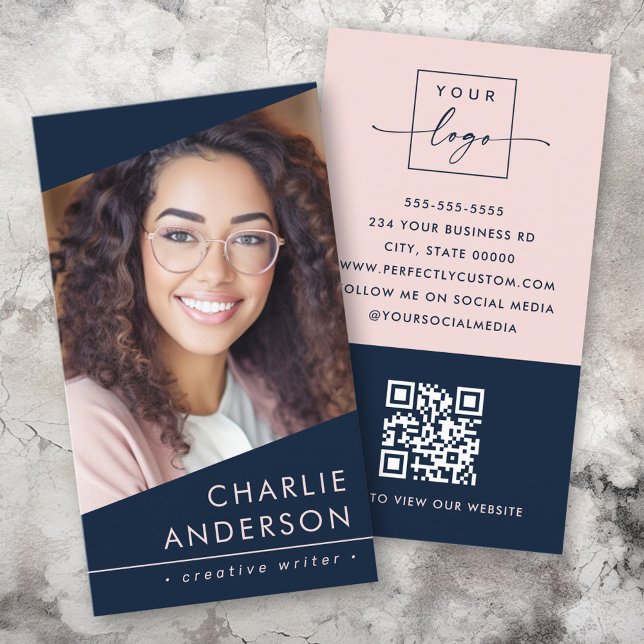 Photo logo QR code modern dark blue professional Business Card (Creator Uploaded)