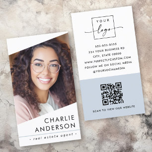 Photo logo QR code modern dusty blue professional Business Card