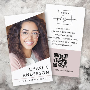 Photo logo QR code modern white light rose taupe Business Card
