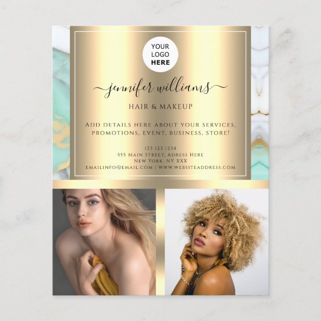 Photo Logo QR Code Promotional Gold Green Marble Flyer (Front)