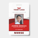 Photo Logo Red Template Employee Name Nurse ID Badge<br><div class="desc">Create your own DIY personalised red employee name tags and badges on this easy-to-use, modern template that you can add your own photo, business logo and other important company information onto. While the sophisticated design on these vertical professional name badges is shown for doctors, nurses and other medical staff, the...</div>