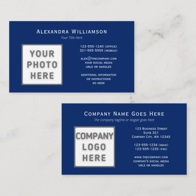Photo Logo Template Double-Sided Navy Blue Business Card (Front/Back)