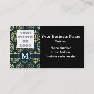 Photo logo template teal blue and gold damask business card