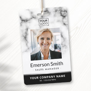 Photo logo white marble black modern employee ID badge