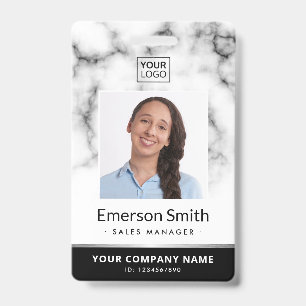 Photo logo white marble black modern employee id badge