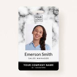 Photo logo white marble black modern employee id ID badge