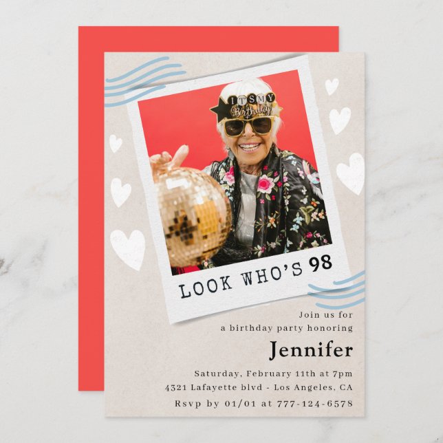 Photo Look who's turning 98th birthday Invitation (Front/Back)