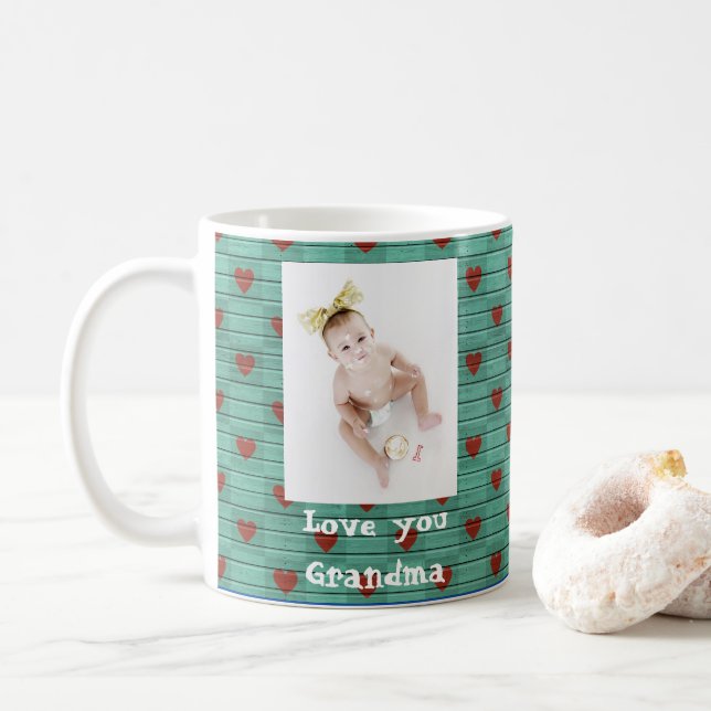 Photo Love You Grandma Custom Rustic Wood Heart Coffee Mug (With Donut)
