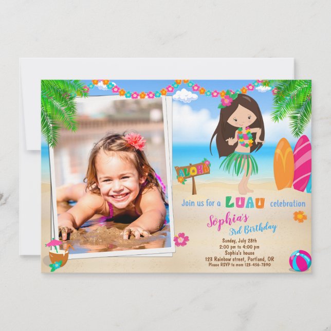 Photo Luau birthday invitation Tropical beach girl (Front)