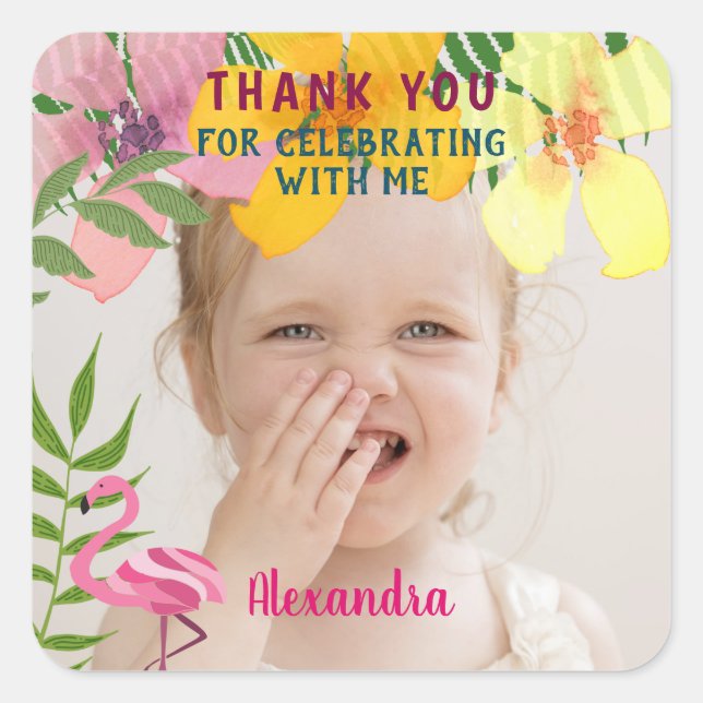 Photo Luau Tropical Floral Thank You Square Sticker (Front)