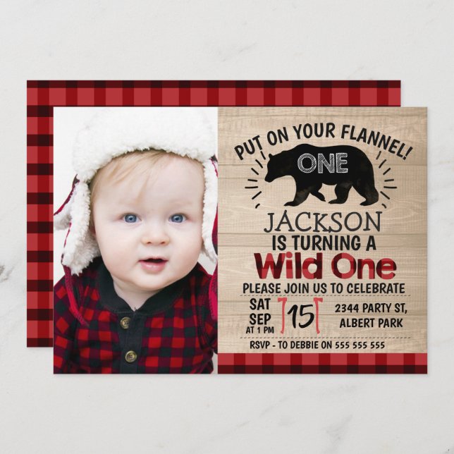 Photo Lumberjack Wood 1st Birthday Invitation (Front/Back)