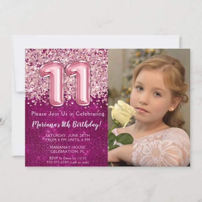 Photo Magenta Pink Glitter 11th Birthday  Invitation (Front)