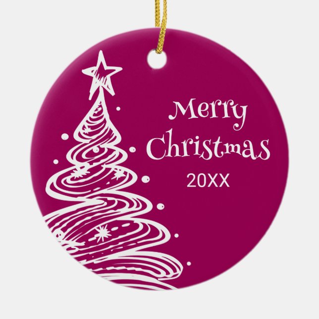 Photo Magenta Pink White Christmas Tree Gift Ceramic Ornament (Front)