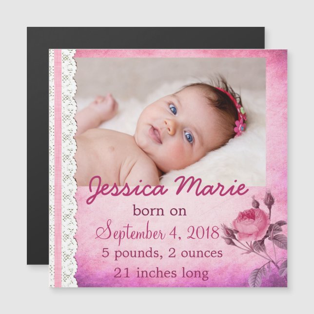 Photo Magnet Baby Birth Announcement Baby Girl (Front/Back)
