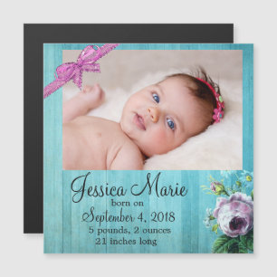 Photo Magnet Baby Birth Announcement Purple Bow