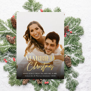 Photo Married Christmas Newlyweds Red Plaid Foil Holiday Card