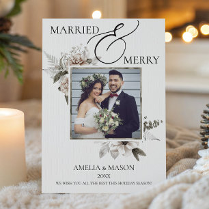 Photo Married & Merry Watercolor Christmas Card