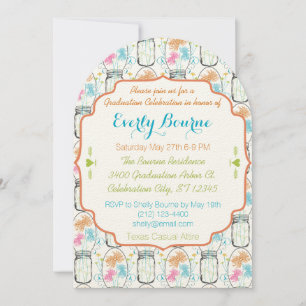 Photo Mason Jar Pink Coral Aqua Floral Graduation Invitation