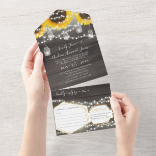 Photo Mason Jar Sunflower Geometric Gold Frame All In One Invitation