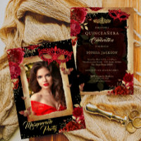 Photo Masquerade Party Quinceanera Red Rose Gold