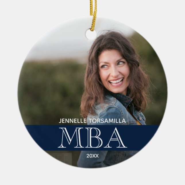 Photo MBA Degree Name Blue Graduation Ceramic Ornament (Front)