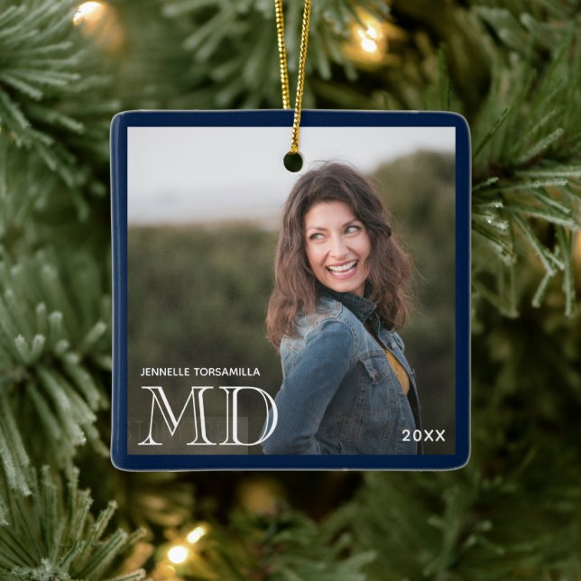 Photo MD Degree Name Blue Graduation Ceramic Ornament (Tree)