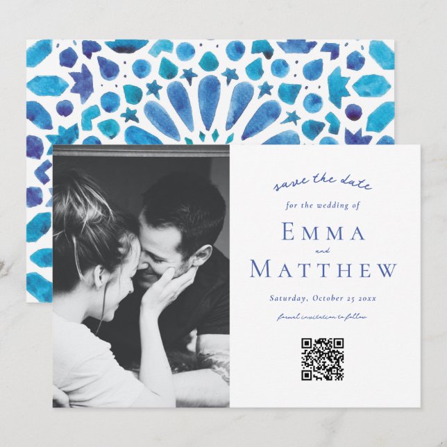 Photo Mediterranean Blue Tile Pattern QR Save The Date (Front/Back)