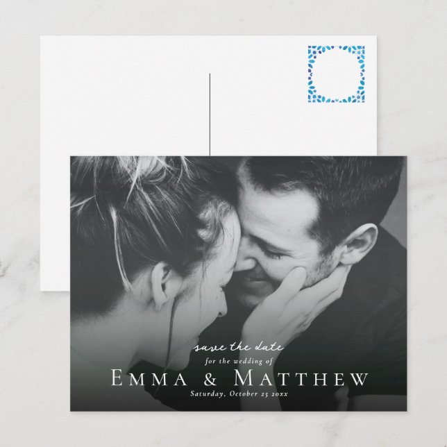 Photo Mediterranean Blue Tile Save The Date Postcard (Front/Back)
