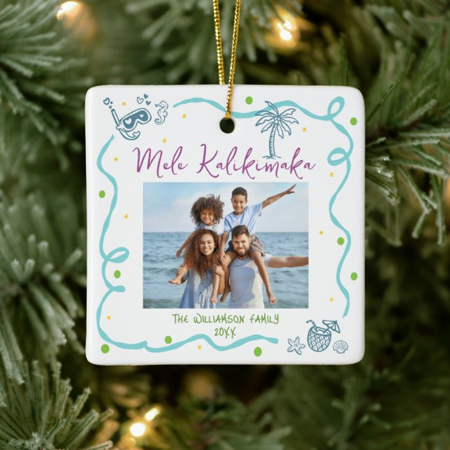 Photo Mele Kalikimaka Blue Purple Doodle Christmas Ceramic Ornament (Tree)