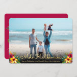 Photo Mele Kalikimaka Christmas Cards<br><div class="desc">Mele Kalikimaka Christmas Photo Holiday Cards. This modern simple holiday card design features a red hand lettered typography greeting „Mele Kalikimaka” script with burgundy red yellow hibiscus floral arrangement. At the backing burgundy colour background. You can personalise the design by replacing the sample text and horizontal photo. #3352 If You...</div>