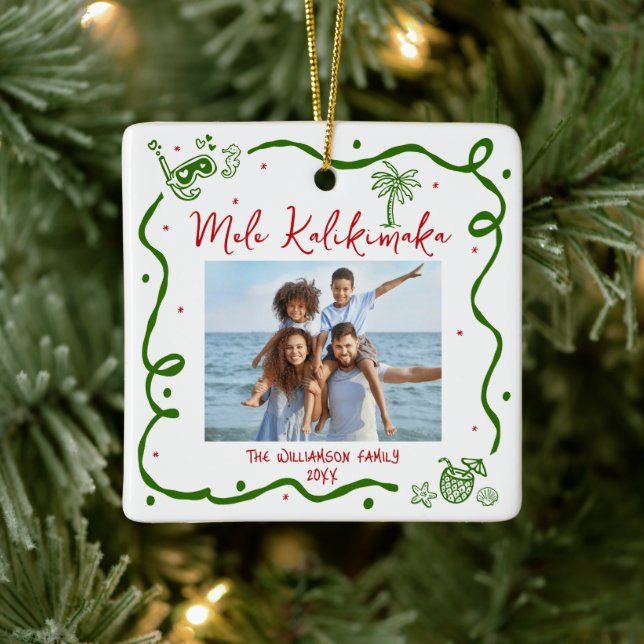Photo Mele Kalikimaka Red Green Doodles Christmas Ceramic Ornament (Tree)