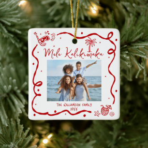 Photo Mele Kalikimaka Red Hand Drawn Christmas Fun Ceramic Ornament