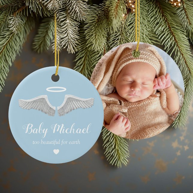 Photo Memorial Blue Angel Wings Christmas Ceramic Ornament (Creator Uploaded)