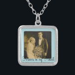 Photo Memorial Charm for Wedding Bouquet in Blue Silver Plated Necklace<br><div class="desc">Wedding Memorial Bouquet Charms. Remember those who cannot be with you on your special day with a memorial bridal charm. A lovely sentimental keepsake for the bride to carry in her bouquet. This charm has a black background with the phrase, "Forever in my Heart" and a place below for your...</div>