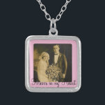 Photo Memorial Charm for Wedding Bouquet in Pink Silver Plated Necklace<br><div class="desc">Wedding Memorial Bouquet Charms. Remember those who cannot be with you on your special day with a memorial bridal charm. A lovely sentimental keepsake for the bride to carry in her bouquet. This charm has a black background with the phrase, "Forever in my Heart" and a place below for your...</div>